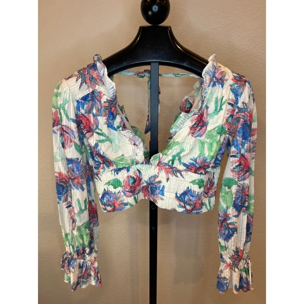 Anthropologie Floral Print Ruffle V Neck Cropped Long Sleeve Top Size S